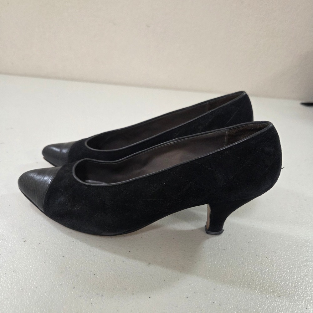 Van Eli Black Suede Quilted Kitten Heel Pumps Made in Italy Size 8.5 Pointed Toe